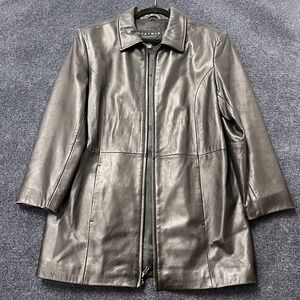 Leather Elements Coat Womens Small Black Leather Full Zip Collared Lined Classic